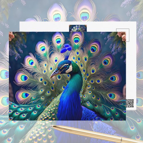 Gorgeous peacock with teal and gold plumage postcard