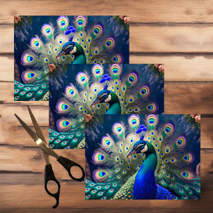 Gorgeous peacock with teal and gold plumage tissue paper
