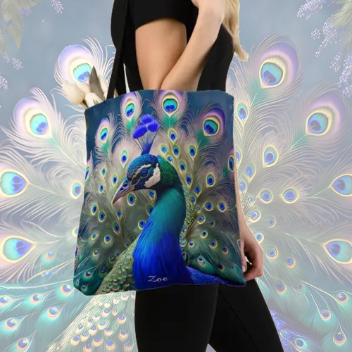 Gorgeous peacock with teal and gold plumage tote bag