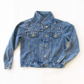 Gorgeous Pearl-Embellished Vinyl Text Denim Jacket (Front)