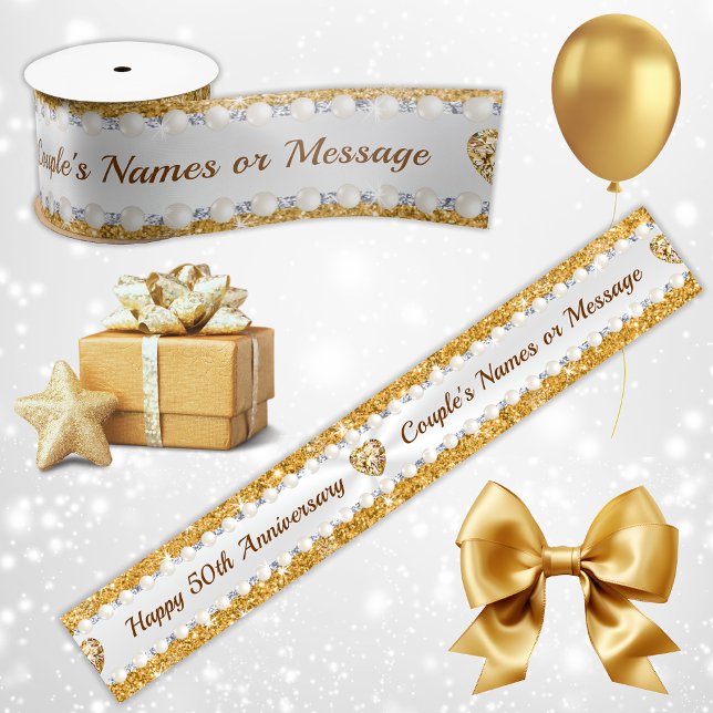 Gorgeous Personalized, 50th Anniversary Ribbon, Satin Ribbon (50th Wedding Anniversary Ribbons. 50th gift wrapping, Golden Anniversary Party Favors, Decorations.)
