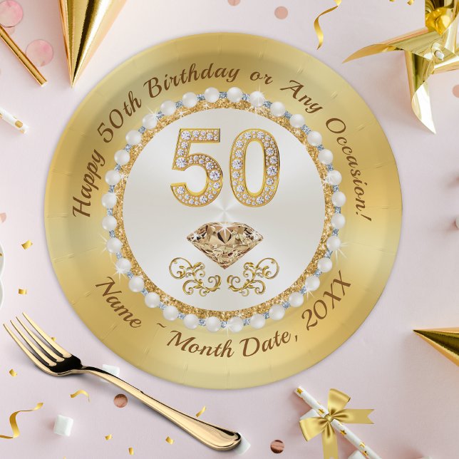 Gorgeous, Personalized, 50th Birthday Paper Plates (Custom, 50th Birthday Paper Plates. 50th Birthday Party Supplies, 50th Birthday Table Decorations.)