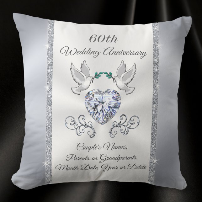 Gorgeous Personalized 60 years of Marriage Gift Throw Pillow (60th wedding anniversary gifts for grandparents. Diamond anniversary throw pillow with Heart Diamond)