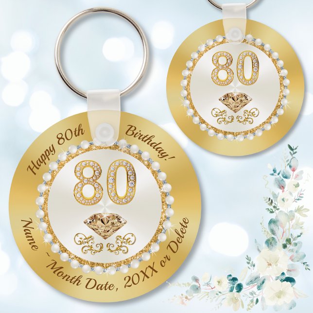 Gorgeous, Personalized Favors for 80th Birthday,  Keychain (80th birthday party favors. Party favors for 80th birthday ideas. Gold and Ivory, 80th birthday)