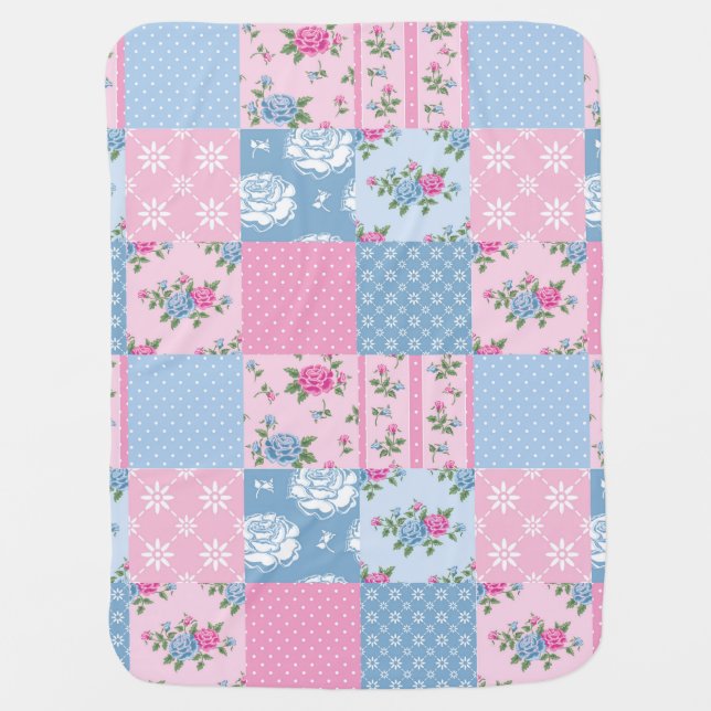 Gorgeous Pink and Blue Baby Quilt Pattern Stroller Blanket (Front)
