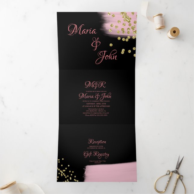Gorgeous Pink Brush Glitter Confetti Wedding Tri-Fold Invitation (Inside)
