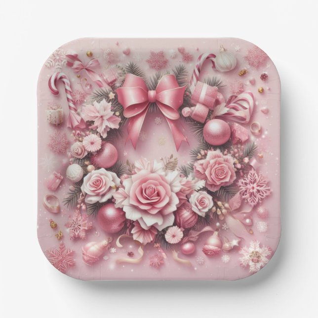 Gorgeous Pink Christmas Wreath Floral Ribbons Paper Plates (Front)