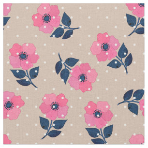 Gorgeous Pink Flowers Polka Dots Pattern Fabric