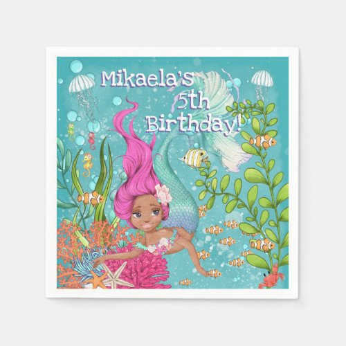 Gorgeous Pink Hair Dark Skin Mermaid Birthday Napkins