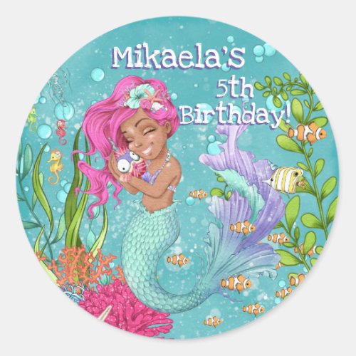Gorgeous Pink Hair Mermaid Birthday Classic Round Sticker