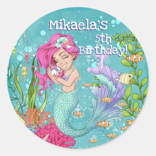 Gorgeous Pink Hair Mermaid Under the Sea Birthday Classic Round Sticker