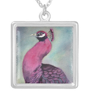 GORGEOUS PINK PEACOCK SILVER PLATED NECKLACE