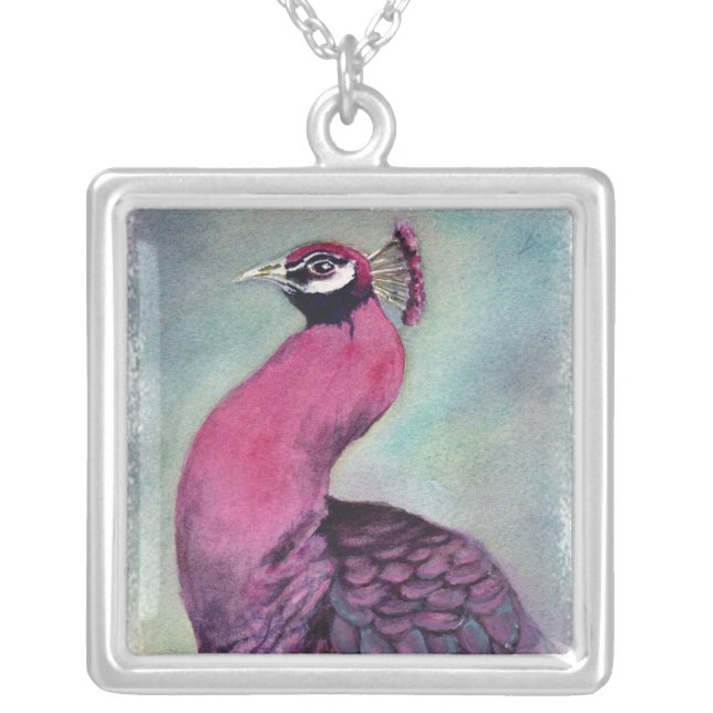 GORGEOUS PINK PEACOCK SILVER PLATED NECKLACE (Front)