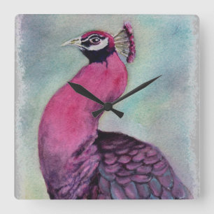 GORGEOUS PINK PEACOCK SQUARE WALL CLOCK