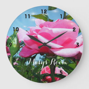 Gorgeous pink rose flower in blue sky.  Floral Large Clock