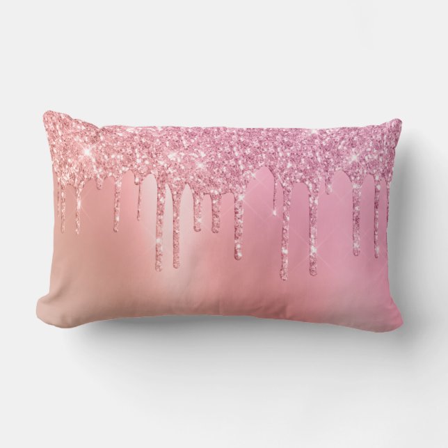 Gorgeous pink rose gold & copper glitter drips lumbar pillow (Front)