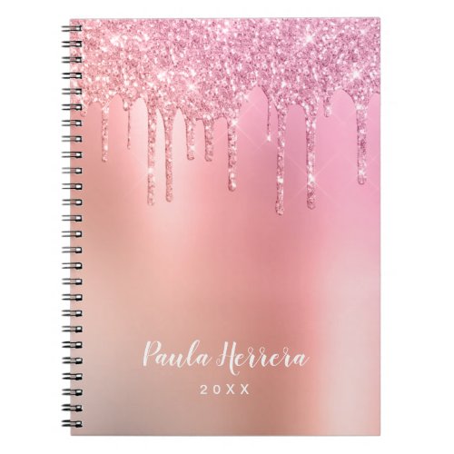 Gorgeous pink rose gold  copper glitter drips notebook