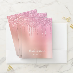 Gorgeous pink rose gold & copper glitter drips pocket folder