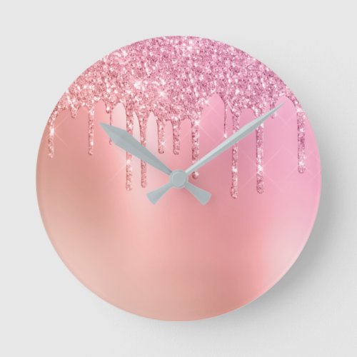 Gorgeous pink rose gold  copper glitter drips round clock