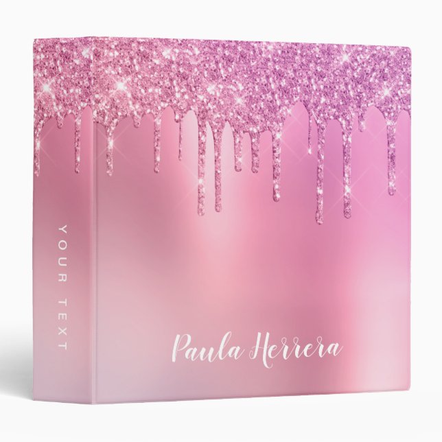 Gorgeous pink rose gold & purple glitter drips 3 ring binder (Front/Spine)