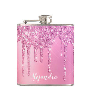 Gorgeous pink rose gold & purple glitter drips flask
