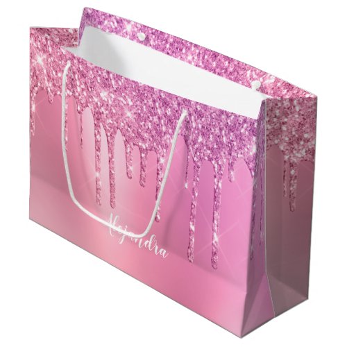 Gorgeous pink rose gold  purple glitter drips large gift bag