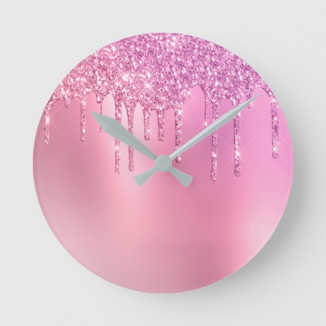 Gorgeous pink rose gold & purple glitter drips round clock (Front)