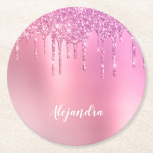 Gorgeous pink rose gold & purple glitter drips round paper coaster