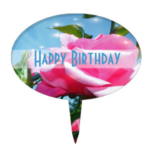 Gorgeous pink rose in blue sky. Happy birthday Cake Topper