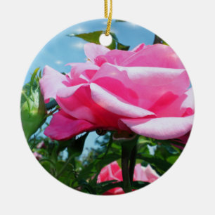 Gorgeous pink rose in blue sky. Valentine's Day Ceramic Ornament
