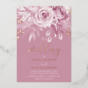 Gorgeous Pink Rose Wedding Rose Gold  Foil Invitation