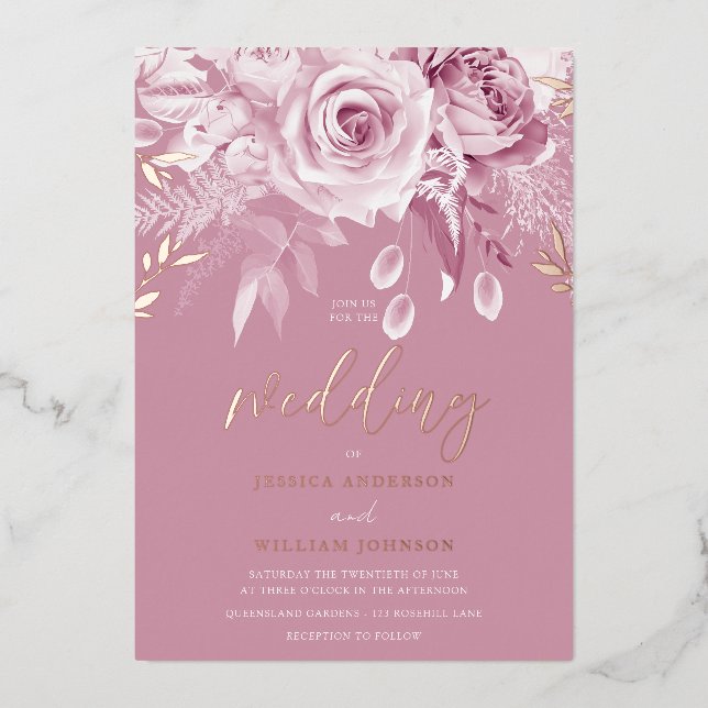 Gorgeous Pink Rose Wedding Rose Gold  Foil Invitation (Front)