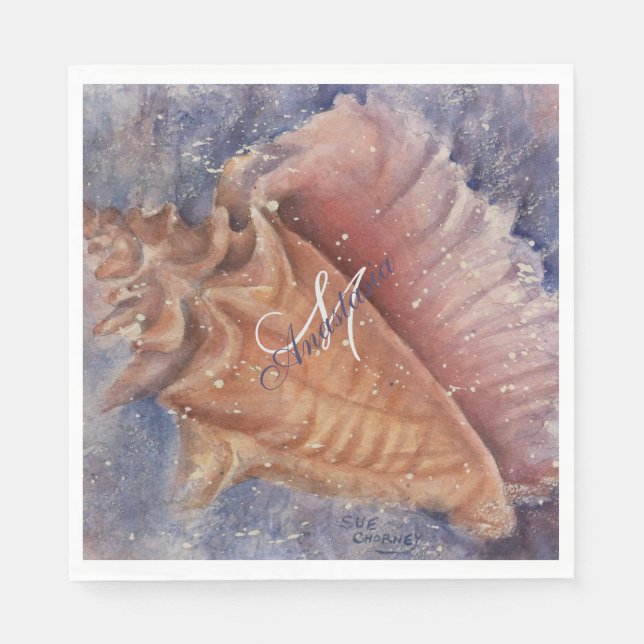 GORGEOUS PINK SEA CONCH MONOGRAM PARTY PAPER NAPKINS (Front)
