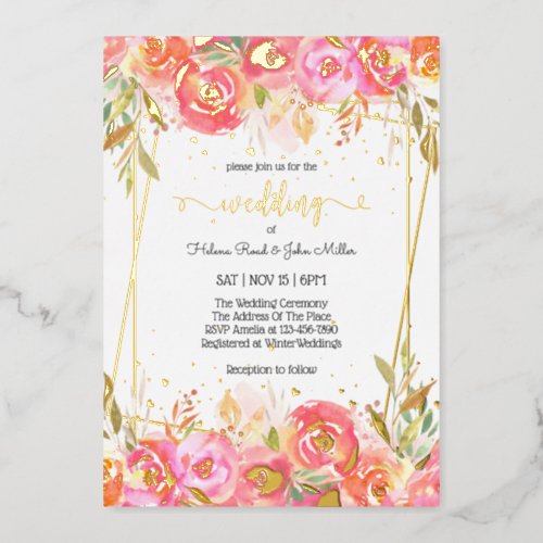 Gorgeous Pink Watercolor Flower Enchanted Wedding Foil Invitation