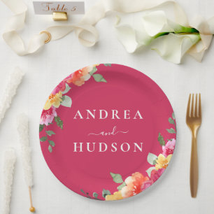 Gorgeous Pink Watercolor Flowers Wedding Paper Plates