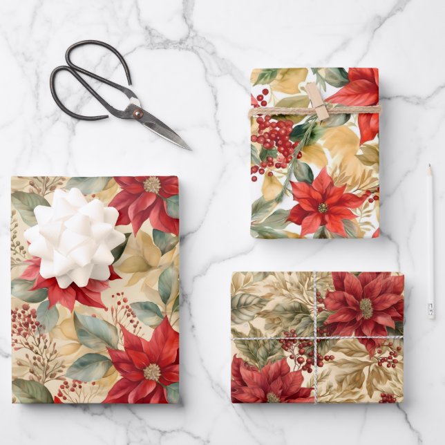 Gorgeous Poinsettia Christmas Coordinating  Wrapping Paper Sheets (Front)