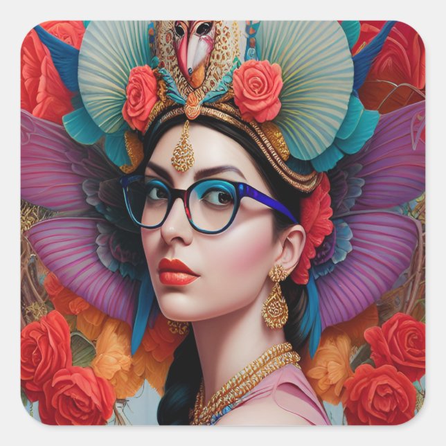 Gorgeous princess with glasses square sticker (Front)