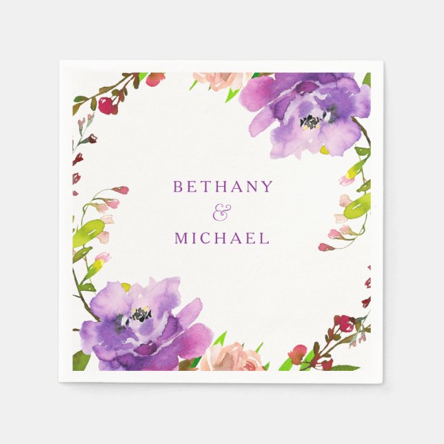 Gorgeous Purple Floral Watercolor Wedding Napkins (Front)