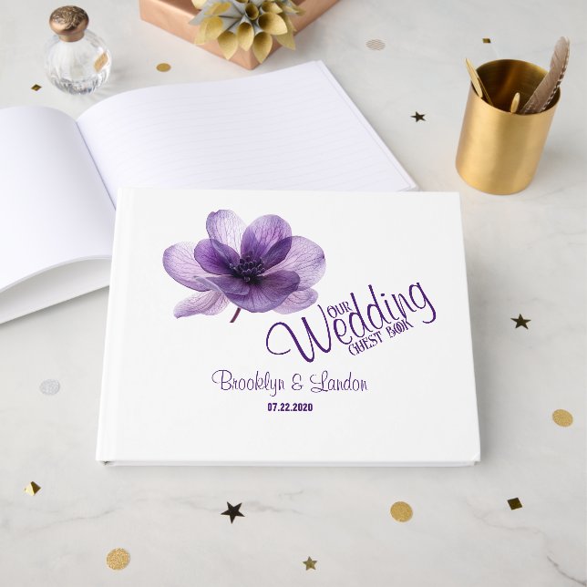 Gorgeous Purple Flower Wedding Guest Book (Front Open)