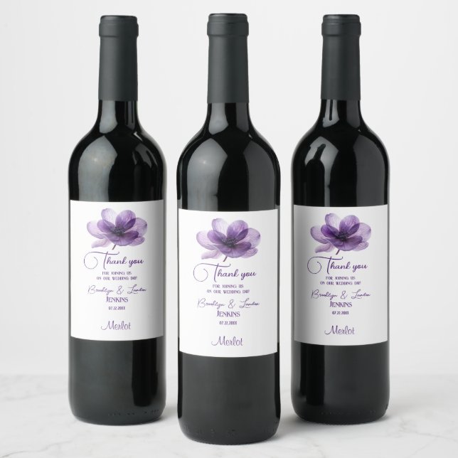 Gorgeous Purple Flower Wedding Wine Labels (Bottles)