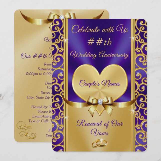 Gorgeous Purple, Gold Renewal of Vows Invitations (Front/Back)