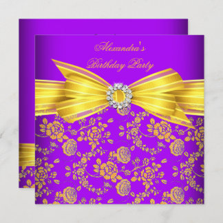 Gorgeous Purple Yellow Rose Damask Birthday Party Invitation