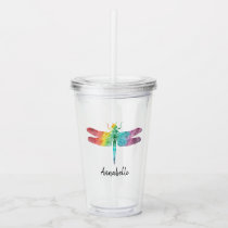 Gorgeous Rainbow Watercolor Dragonfly Personalized Acrylic Tumbler