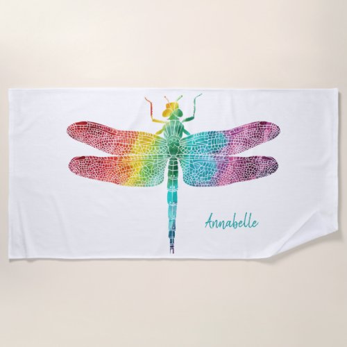 Gorgeous Rainbow Watercolor Dragonfly Personalized Beach Towel