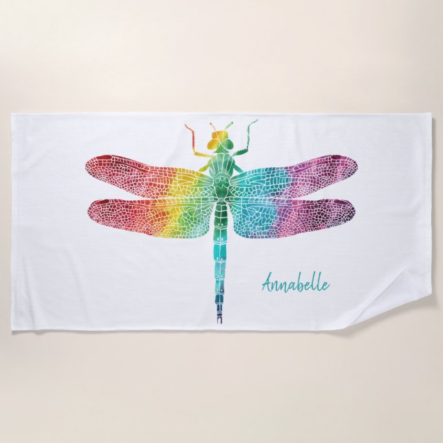 Gorgeous Rainbow Watercolor Dragonfly Personalized Beach Towel (Front)