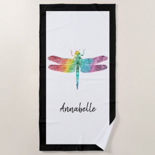Gorgeous Rainbow Watercolor Dragonfly Personalized Beach Towel