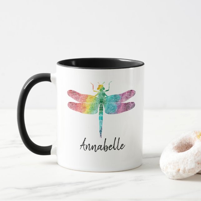 Gorgeous Rainbow Watercolor Dragonfly Personalized Mug (With Donut)