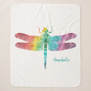 Gorgeous Rainbow Watercolor Dragonfly Personalized Sherpa Blanket