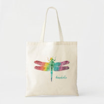 Gorgeous Rainbow Watercolor Dragonfly Silhouette Tote Bag