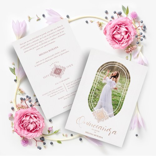 Gorgeous Real Oval Rose Golden Spanish Quinceaera Foil Invitation